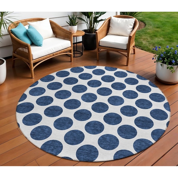 Homeroots 8' Navy Blue And Ivory Round Polka Dot Washable Indoor Outdoor Area Rug 614925 - main