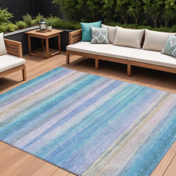 Homeroots 9' X 12' Aqua Lavender And Peach Striped Washable Indoor Outdoor Area Rug 631201 - main