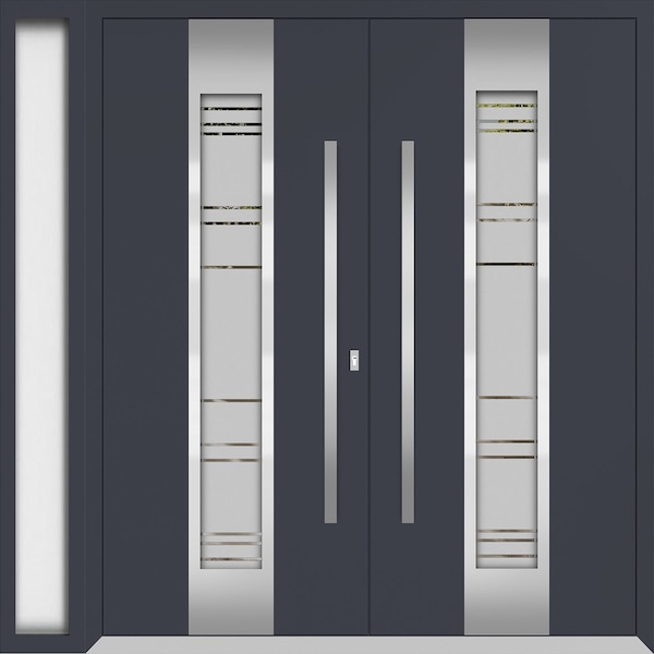Vdomdoors Metal Double Doors Deux 0757 Gray Graphite Frosted Glass 1 Sidelight Entry Modern Painted 84x96 (W7 DEUX0757DEXD-GRE-W72+12xH96-RH-O - main