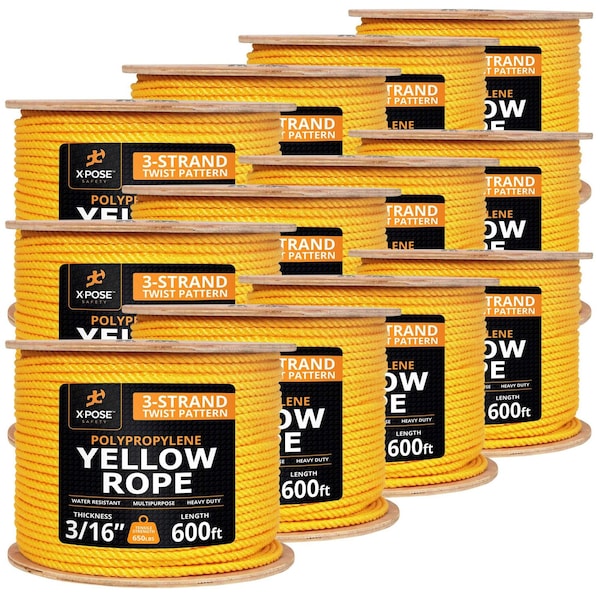 Xpose Safety 3/16in x 600 ft Twisted Polypropylene Rope, Yellow, 12PK YPR316-600-12-X - main