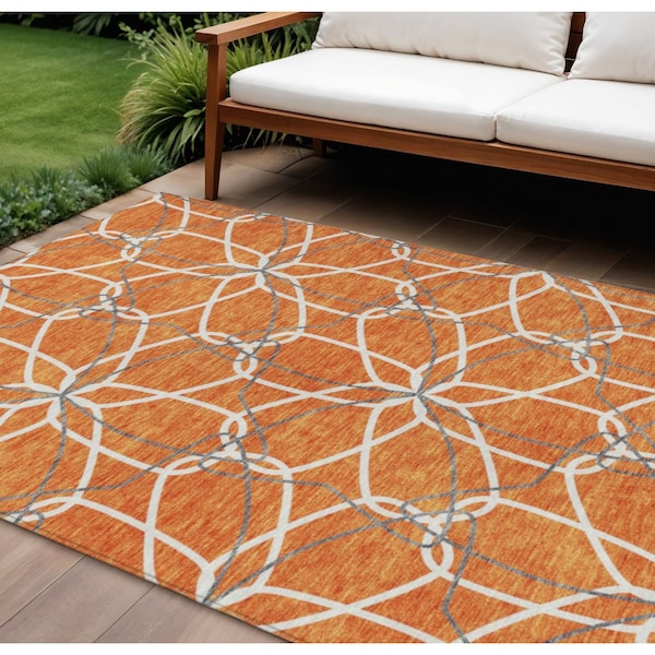 Homeroots 10' X 14' Orange And Ivory Geometric Washable Indoor Outdoor Area Rug 613030 - main