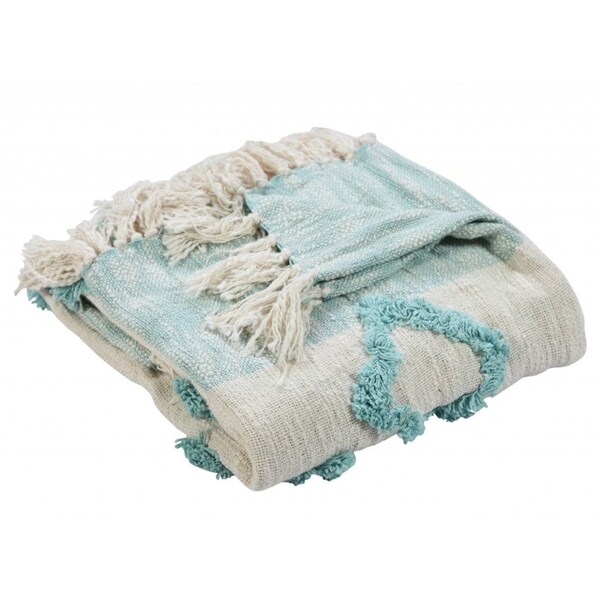 Homeroots 50" X 60" Aqua And Off White Cotton Woven Geometric Throw Blanket with Fringe 516538 - main