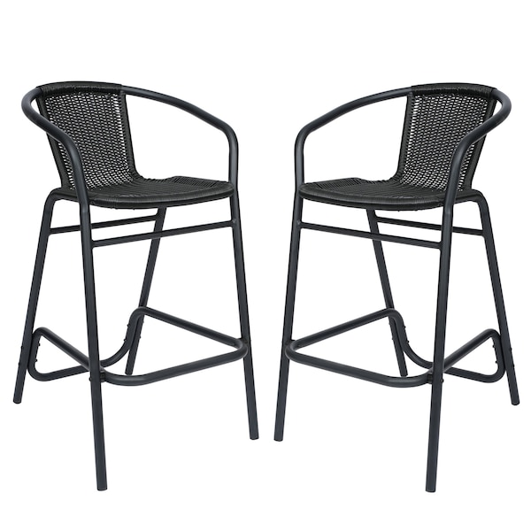 Flash Furniture Lila Commercial Grade Indoor-Outdoor PE Rattan Restaurant Barstool with Black Aluminum Frame and Footrest in Black, PK2 2-SDA-AD632032R-BK-GG - main