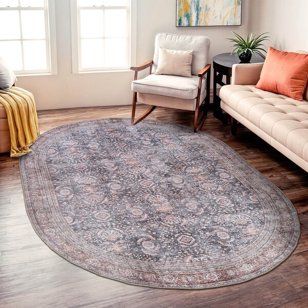 World Rug Gallery Vintage Inspired Machine Washable Non Slip Area Rug 5 ft x 7 ft Oval Charcoal 6029CHARCOAL5OV - main