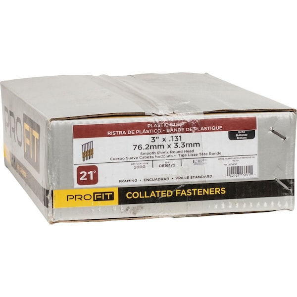 Pro-Fit 3'' x 0.131'' 21 Degree Plastic Strip Round Head Smooth Shank Brite Framing Stick Nails, 2000 Ct. 616172 - main