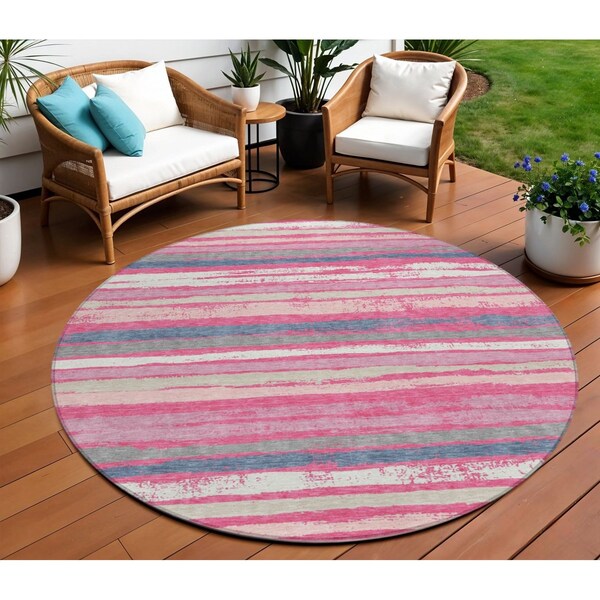 Homeroots 8' Pink Gray And Green Round Striped Washable Indoor Outdoor Area Rug 598916 - main