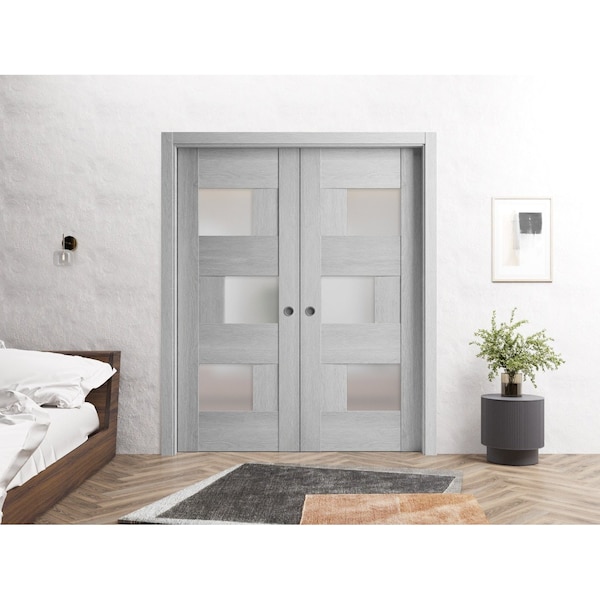 Vdomdoors Sliding French Dbl Pocket Doors 36 x 80in, Light Grey Oak W/ Frosted Glass, Kit Trims Rail Hardware SETE6933DP-OAK-36 - main