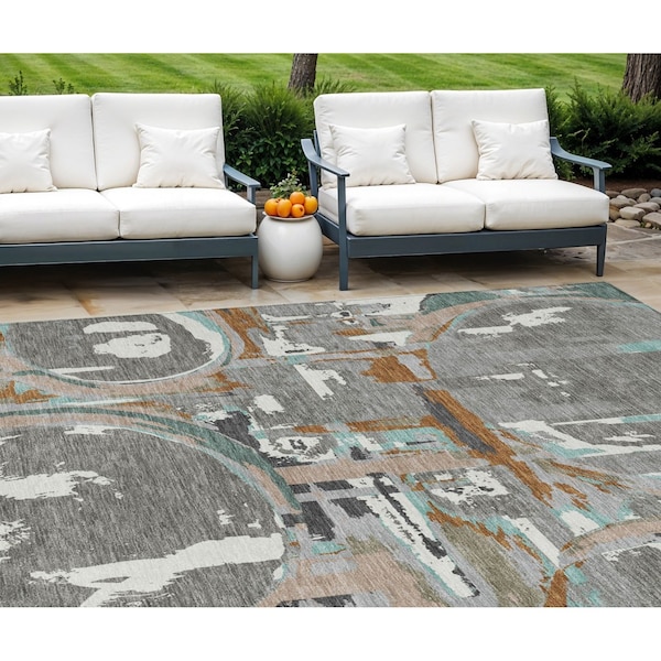 Homeroots 9' X 12' Gray Copper And Mint Green Geometric Washable Indoor Outdoor Area Rug 589390 - main