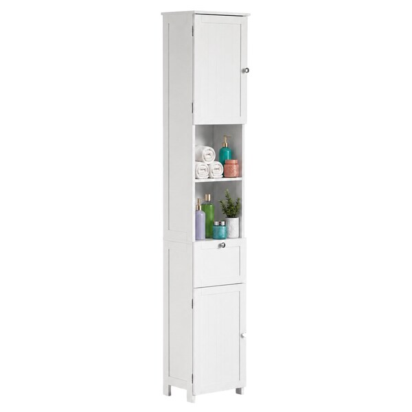 Basicwise White Tall Standing Bathroom Linen Tower Storage Cabinet for Bathroom and Vanity QI004021.WT - main