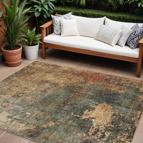 Homeroots 8' X 10' Sage Tan And Copper Abstract Washable Indoor Outdoor Area Rug 606107 - main
