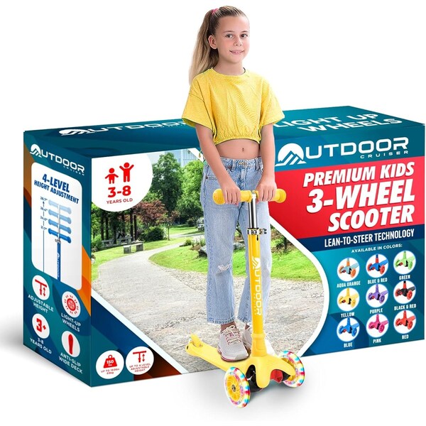 Outdoorcruiser Outdoor Cruiser 3-Wheel Kids Scooter, Lean-to-Steer, LED Wheels, Adjustable T-Bar, Yellow OCKSYEL - main