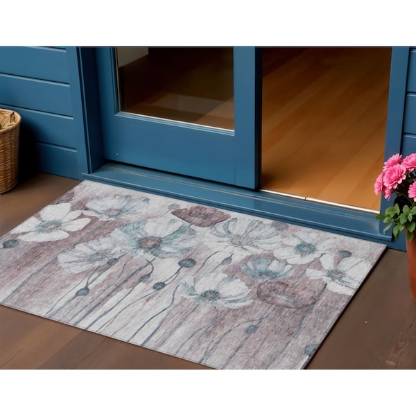 Homeroots 3' X 5' Teal Blue Aqua And Ivory Floral Washable Indoor Outdoor Area Rug 582776 - main