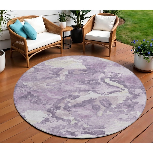 Homeroots 8' Lavender And Lilac Round Abstract Washable Indoor Outdoor Area Rug 609572 - main