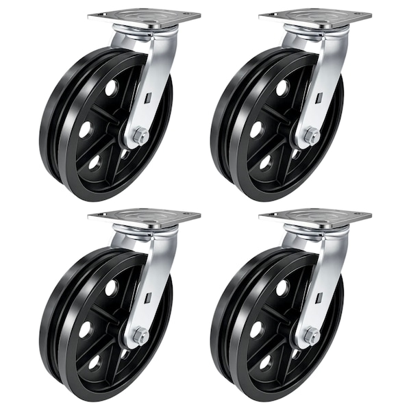 Hyw Products Heavy Duty Caster Set 8in V-Groove Wheels, 4 Swivel, 4PK 40-80S-A1-VG-4 - main
