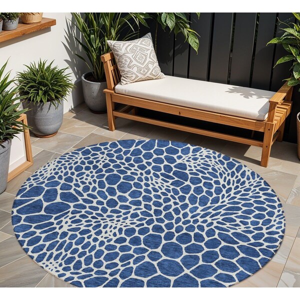 Homeroots 8' Navy Blue And Ivory Round Geometric Washable Indoor Outdoor Area Rug 595099 - main