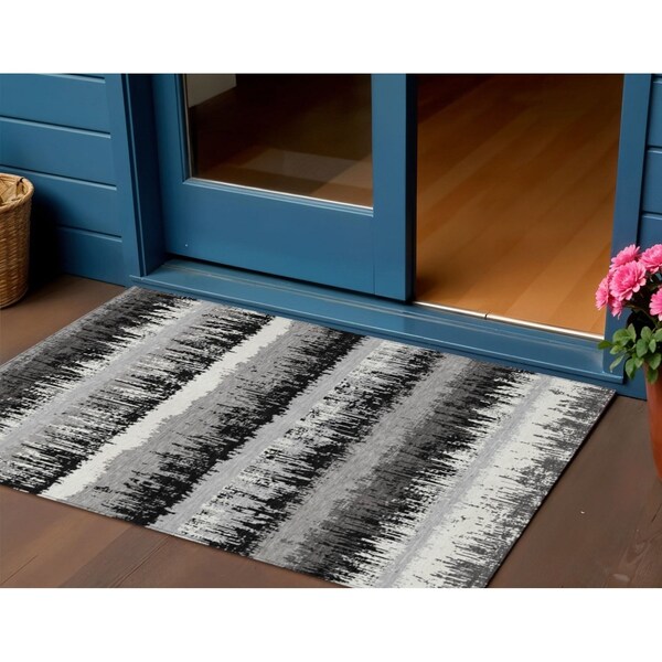 Homeroots 3' X 5' Black Gray And Ivory Striped Washable Indoor Outdoor Area Rug 598316 - main