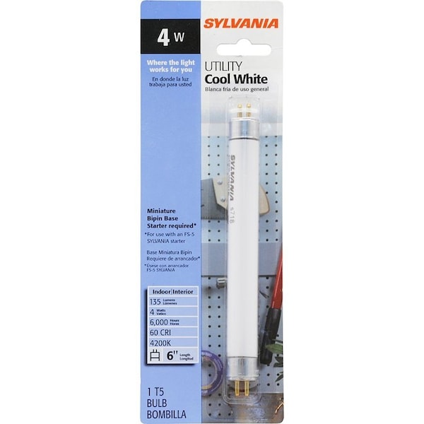 Sylvania Fluorescent Bulb, 4 W, T5 Lamp, G5 Miniature Lamp Base, 140 Lumens, 4200 K Color Temp, Cool White 20415 - main