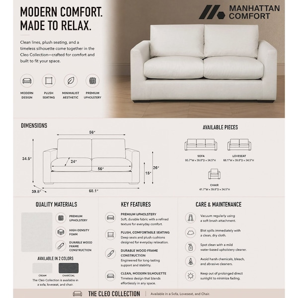 Manhattan Comfort Cleo Upholstered Loveseat in Cream SF1950-CR - main