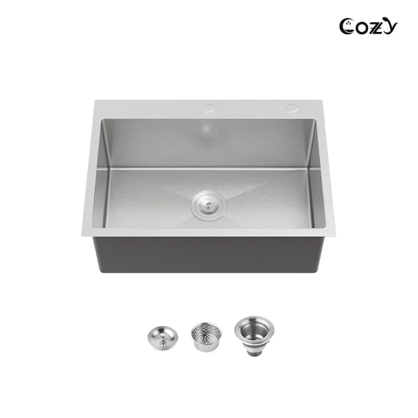Wrightmaster 27 in. Drop-In Single Bowl 20 Gauge Silver Stainless Steel Kitchen Sink with Drain and Hook ZOR-02D271908 - main