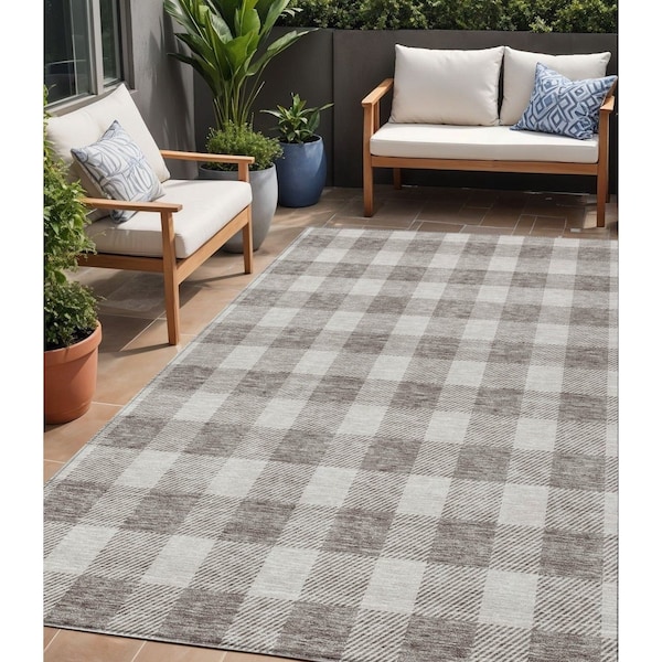 Homeroots 5' X 8' Taupe And Gray Plaid Washable Indoor Outdoor Area Rug 595446 - main
