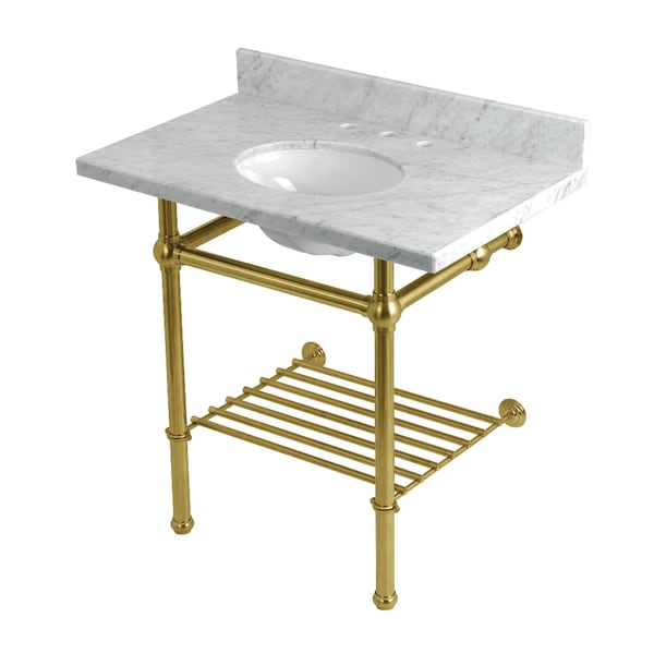 Kingston Brass 36-Inch Carrara Marble Console Sink with Brass Legs and Shelf, 8-Inch, 3-Hole KVPB36MBB7 - main