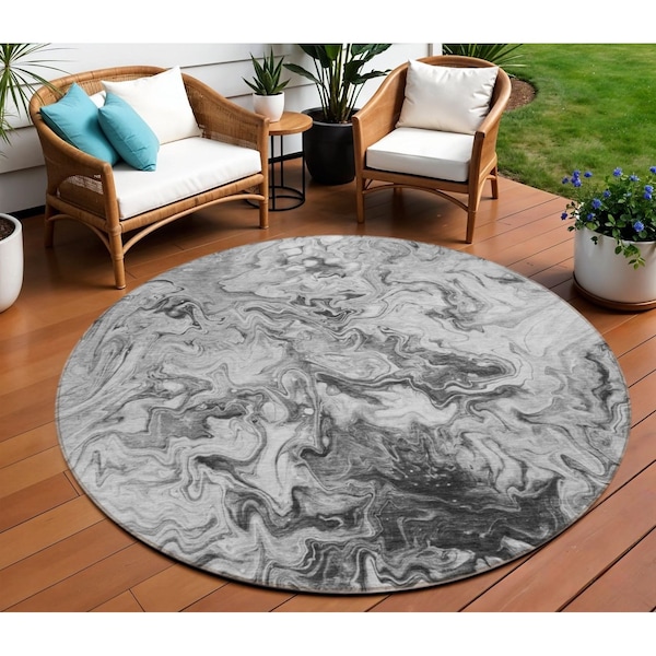 Homeroots 8' Gray Charcoal And Silver Round Abstract Washable Indoor Outdoor Area Rug 577958 - main
