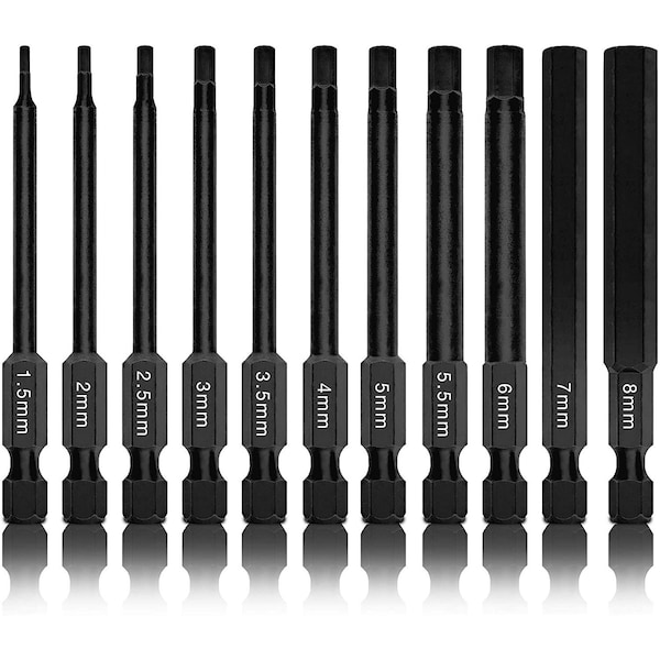 Neiko Hex Allen Power Bit Set, 11-Piece, Metric Sizes 1.5mm to 8mm, Magnetic Head Bits, Premium S2 Steel 01148A - main