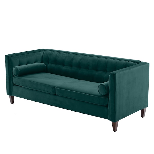 Homeroots Teal Velvet Upholstered Sofa with Bolster Pillows 473453 - main