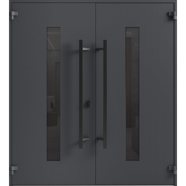 Vdomdoors Front Exterior Prehung Aluminum Double Doors Ronex0130 Grey Mirrored Clear Glass Entry Metal Modern RONEX0130DEXD-GRE-W72xH80-LH-I - main