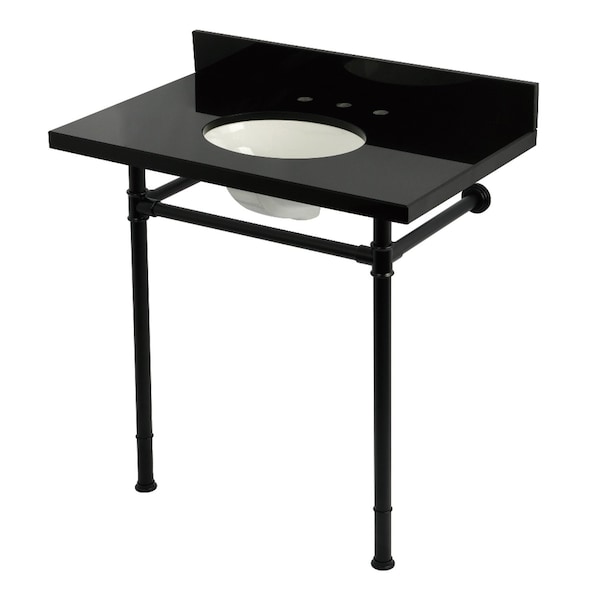 Kingston Brass 36" Black Granite Console Sink with Stainless Steel Legs, 8-Inch, 3-Hole, Black Granite/Matte Black KVPK36228K80 - main