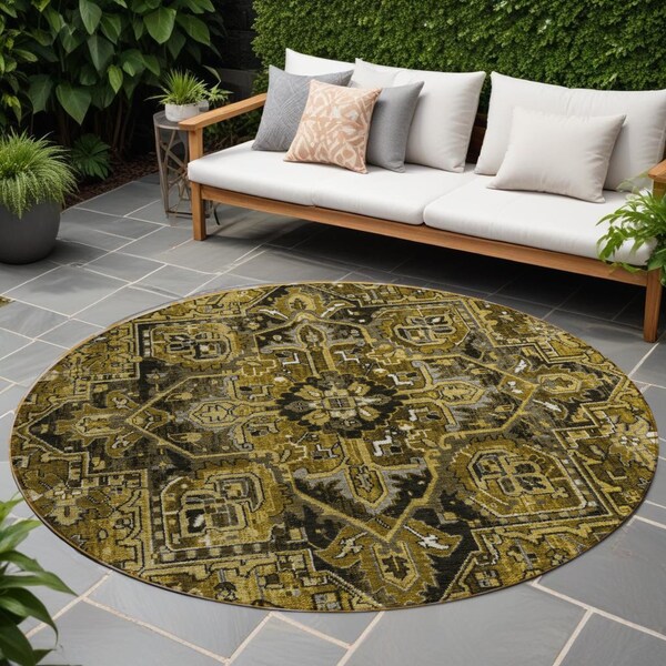 Homeroots 8' Coffee And Gray Round Oriental Washable Indoor Outdoor Area Rug 563759 - main