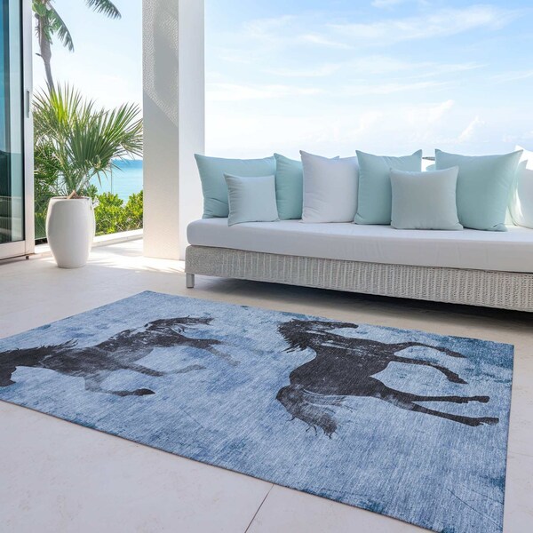 Homeroots 8' X 10' Denim Blue And Charcoal Horse Washable Indoor Outdoor Area Rug 618646 - main