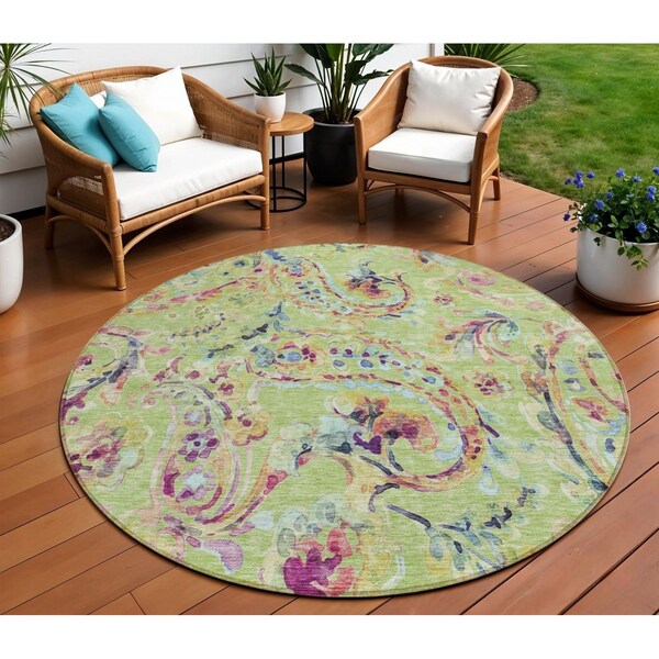 Homeroots 8' Artichoke Green And Pink Round Paisley Washable Indoor Outdoor Area Rug 588590 - main