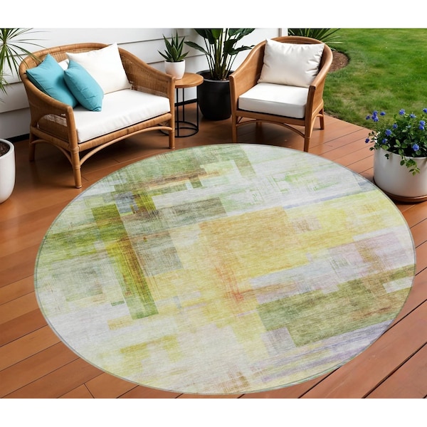 Homeroots 8' Green Yellow And Purple Round Abstract Washable Indoor Outdoor Area Rug 602934 - main