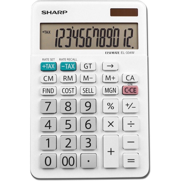 Sharp White 12 digit Solar Powered Calculator EL-334WB - main