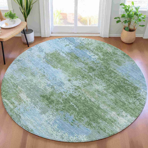 Homeroots 8' Sage And Denim Blue Round Abstract Washable Indoor Outdoor Area Rug 630653 - main