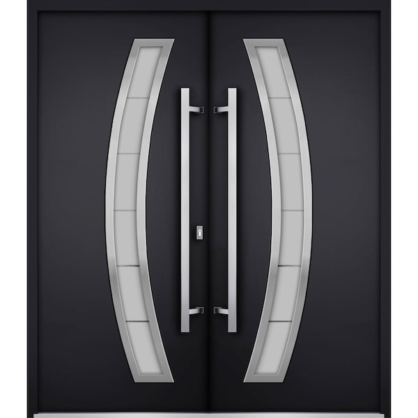 Vdomdoors Steel Double Doors Deux 6500 Black Stainless Inserts Single Modern Painted DEUX6500DEXD-BLK-RH-W72 x H80 - main