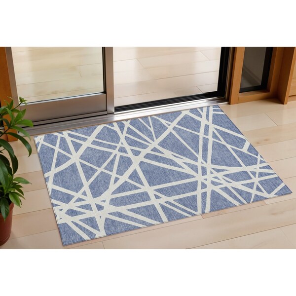 Homeroots 3' X 5' Denim Blue And Ivory Geometric Washable Indoor Outdoor Area Rug 600438 - main