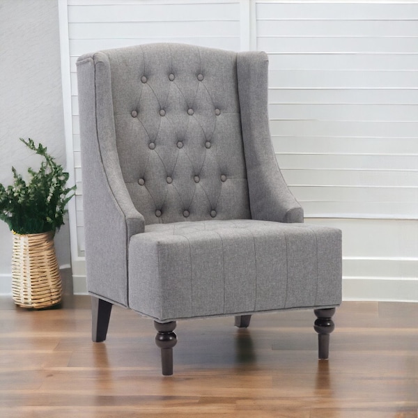 Homeroots 25" Gray and Black Upholstered Tufted Wingback Chair 526469 - main