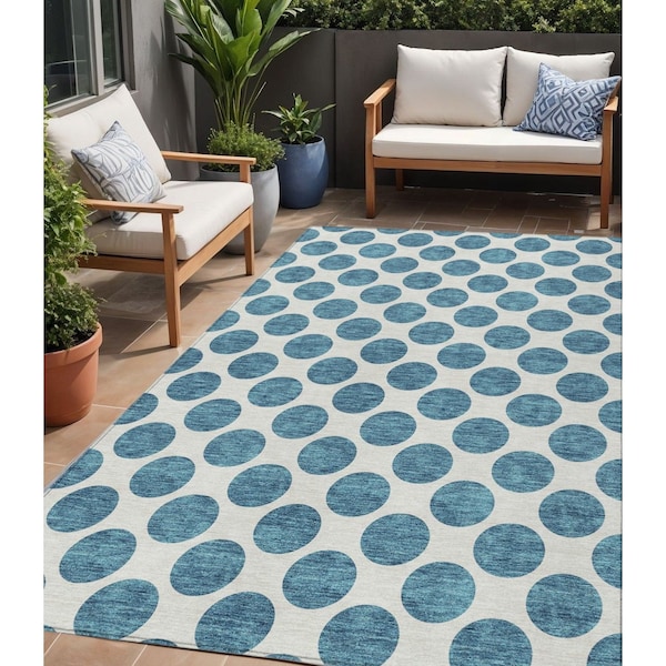 Homeroots 5' X 8' Teal Blue And Ivory Polka Dot Washable Indoor Outdoor Area Rug 614942 - main