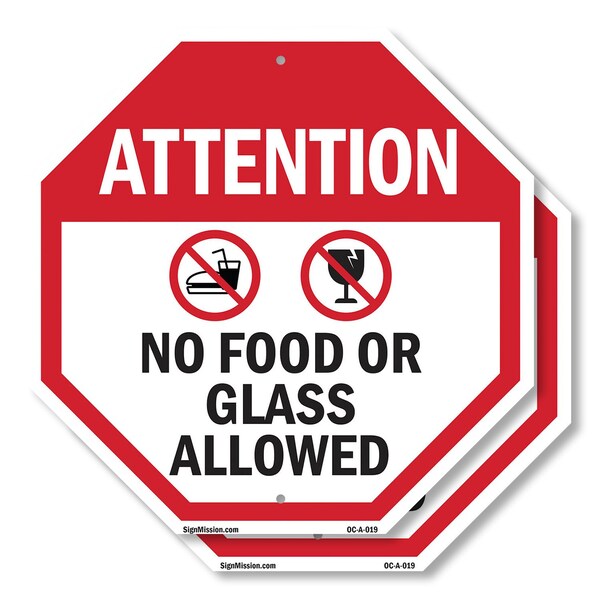 Signmission Attention No Food or Glass Allowed, 10 inch X 10 inch, Aluminum Metal Signs, 2PK OC-A-2PACK-10-19 - main