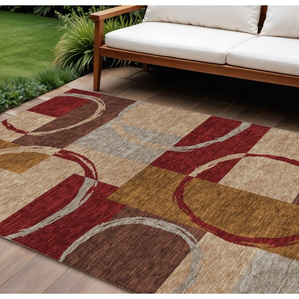 Homeroots 10' X 14' Wheat And Burgundy Geometric Washable Indoor Outdoor Area Rug 612604 - main