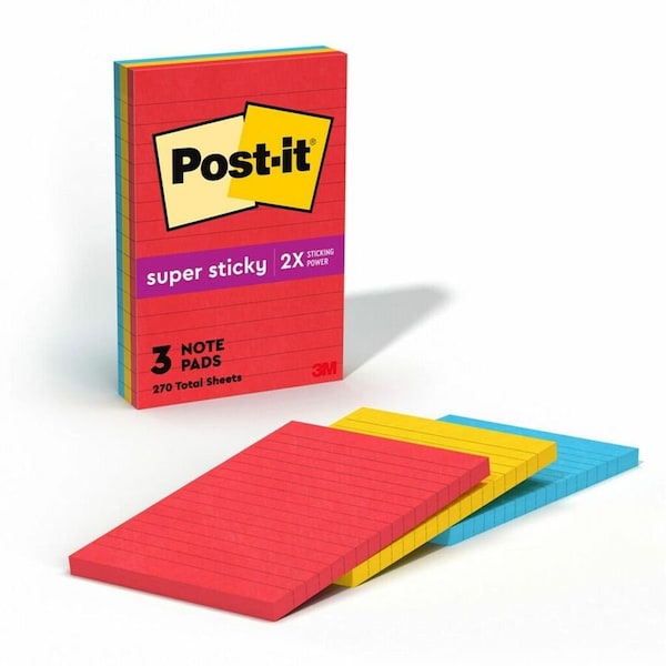 Post-It Pads in Playful Primary Collection Colors, Note Ruled, 4" x 6", 90 Sheets/Pad, PK3 6603SSAN - main