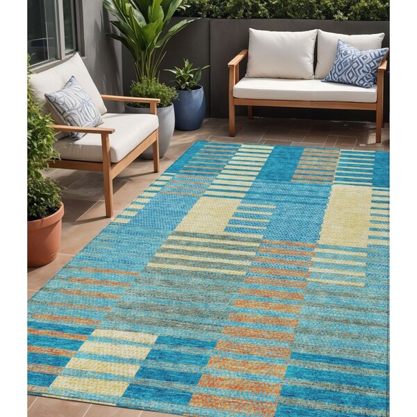 Homeroots 5' X 8' Teal Blue Orange And Sky Blue Striped Washable Indoor Outdoor Area Rug 613176 - main