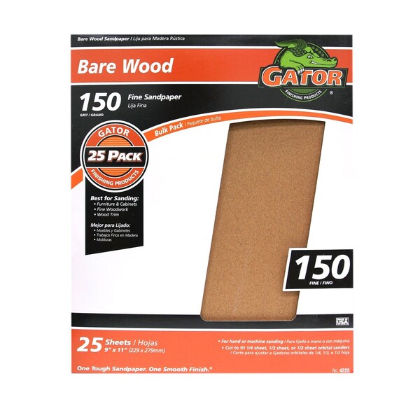 Gator Finishing 9 x 11 in. Bare Wood Sandpaper, 150 Grit, Fine, 25PK 4225 - main