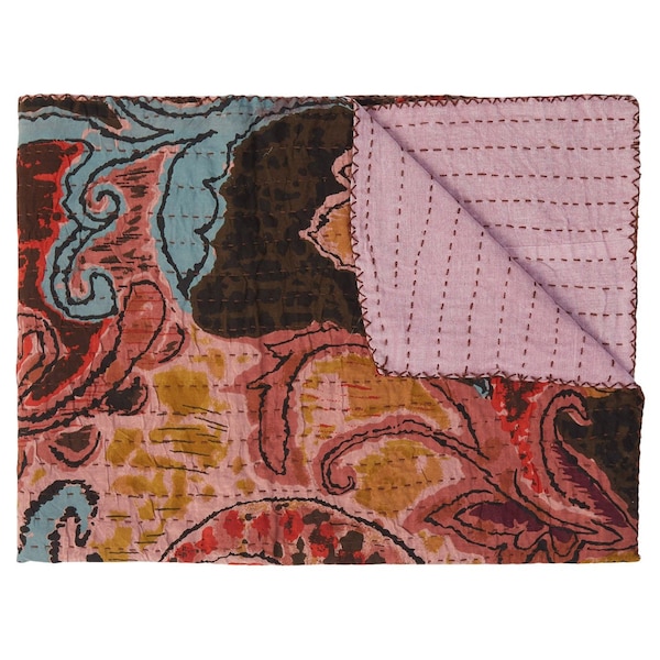 Homeroots 50" X 70" Brown And Pink Floral Cotton Quilted Kantha Throw Blanket with Embroidery 544547 - main