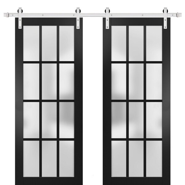 Sartodoors Sturdy Double Barn Door with Frosted Glass 12 Lites, Felicia 3312 Matte Black, 13FT Rail Hangers H FELICIA3312DB-S-BLK-3696 - main