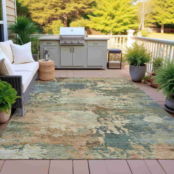Homeroots 8' X 10' Gray Beige And Khaki Abstract Washable Indoor Outdoor Area Rug 630738 - main