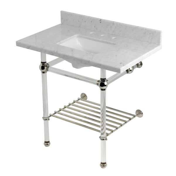 Kingston Brass 36-Inch Carrara Marble Console Sink with Acrylic Legs and Shelf, 8-Inch, 3-Hole KVPB36MASQB6 - main