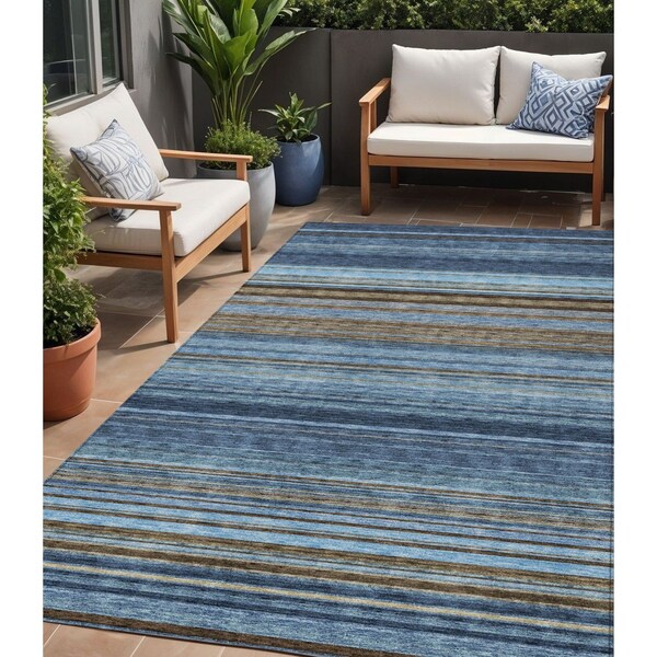 Homeroots 5' X 8' Navy Blue Sky Blue And Taupe Striped Washable Indoor Outdoor Area Rug 614816 - main